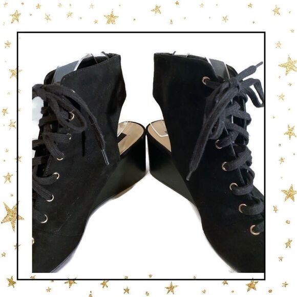 Forever 21 Black Suede Lace Up Peep Toe Wedges 8 - Picture 3 of 7